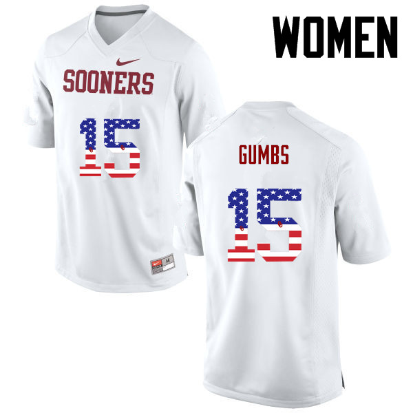 Women Oklahoma Sooners #15 Addison Gumbs College Football USA Flag Fashion Jerseys-White